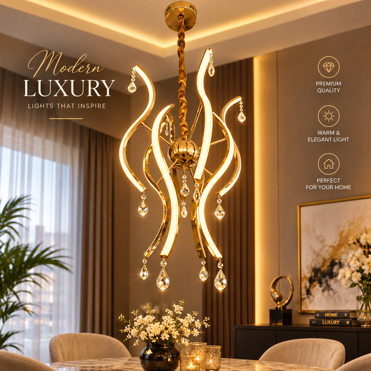 Modern Luxury Golden LED Crystal Pendant Chandelier
