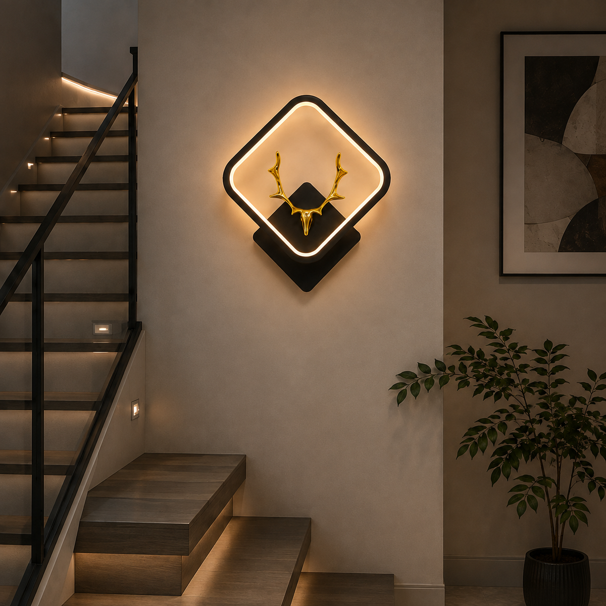Modern Luxury Golden Deer Antler LED Wall Sconce | Square Geometric Black Wall Light