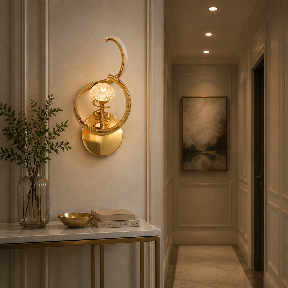 Modern Luxury Curved Spiral Gold Crystal Wall Sconce | Sculptural LED Wall Light