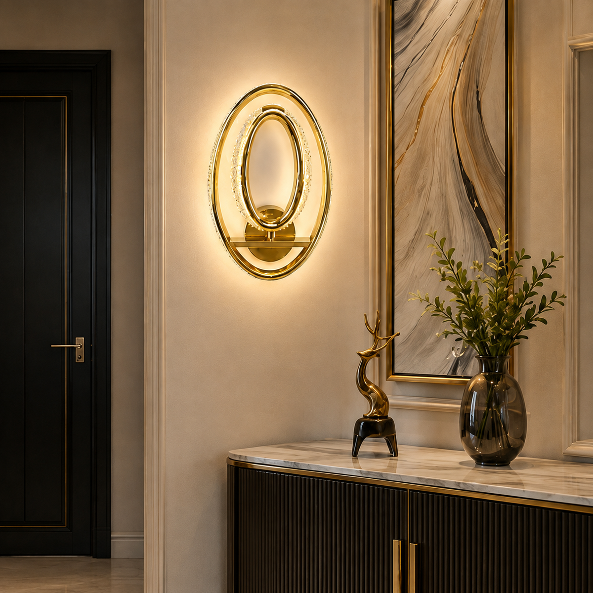 Modern Luxury Gold Dual Oval Crystal LED Wall Sconce | Interlocking Halo Ambient Light