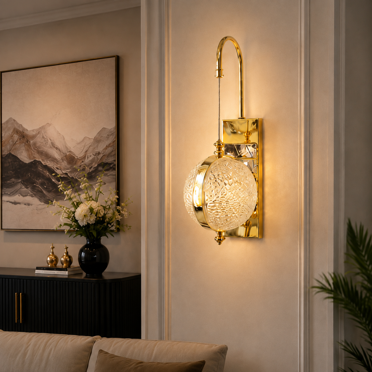 Modern Luxury Spherical Gold Band Crystal Hanging Wall Sconce | Designer LED Pendant Light