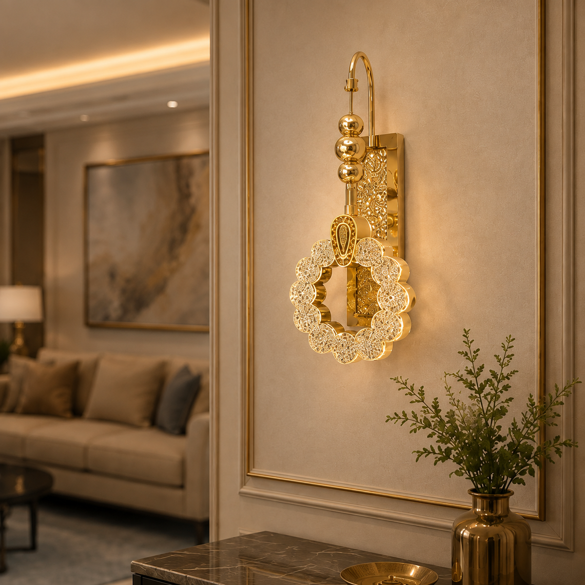 Modern Luxury Gold Scalloped Wreath Crystal Wall Sconce | Decorative LED Hanging Light