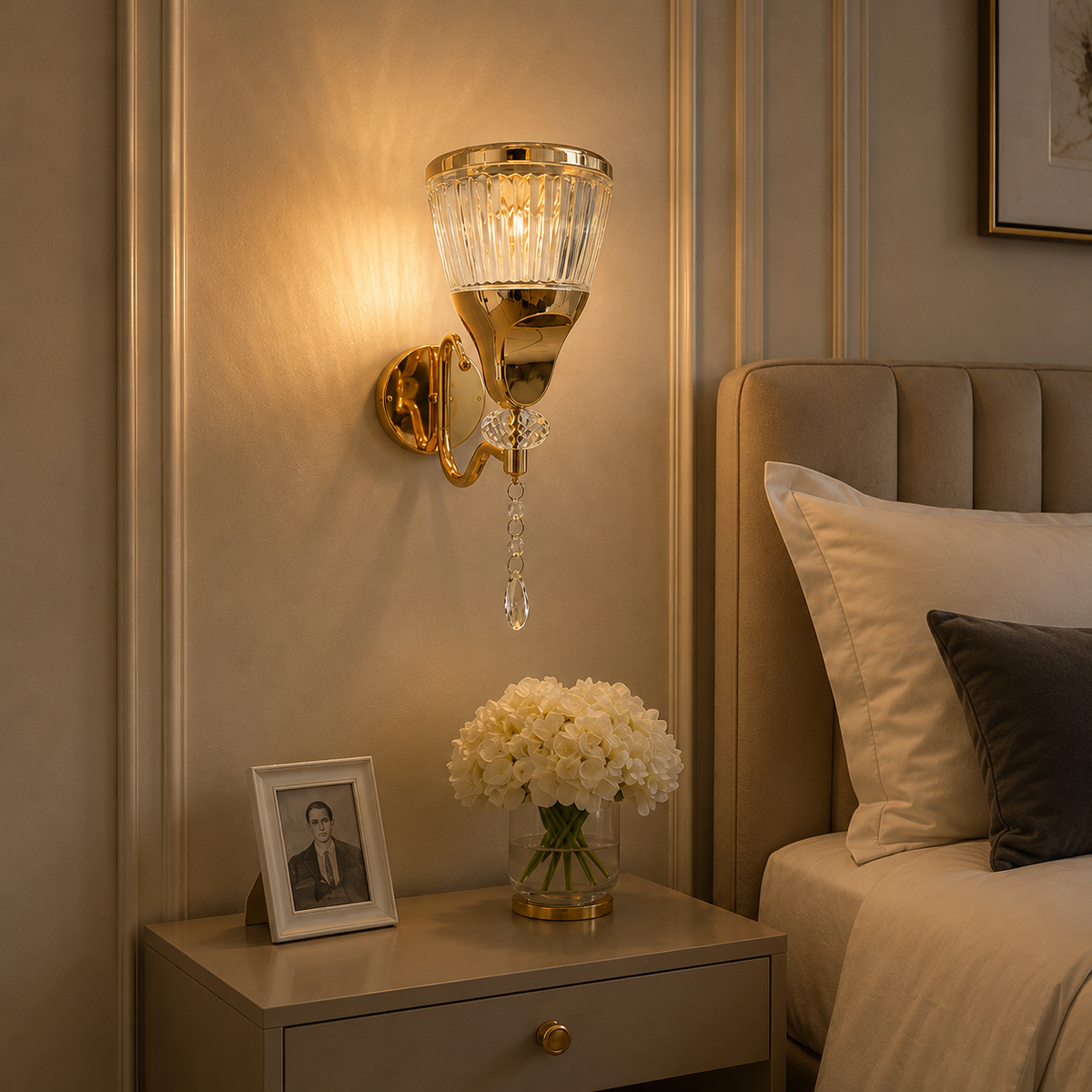 Modern Luxury Gold Fluted Chalice Crystal Wall Sconce | Hanging Crystal Pendant Wall Light
