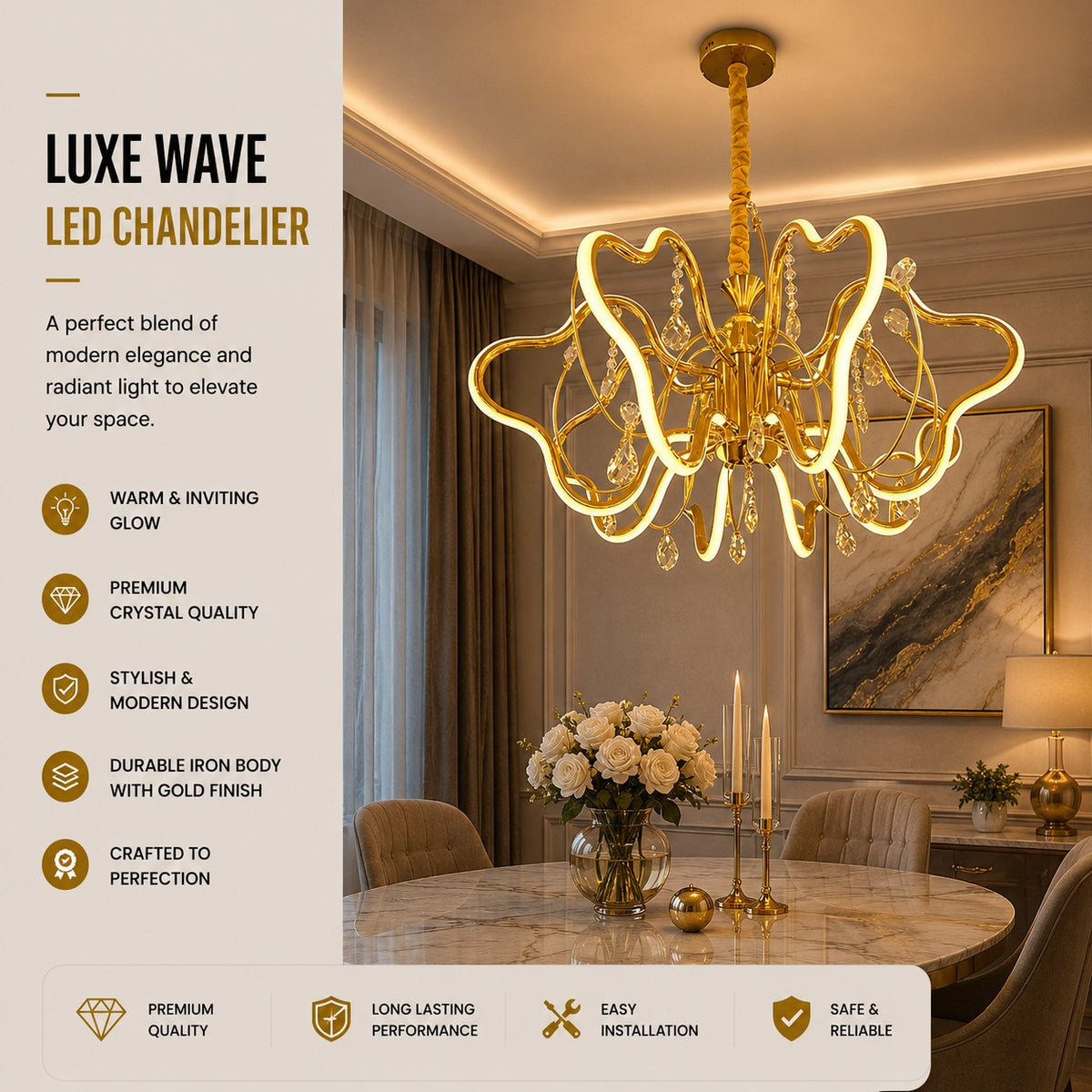 Luxury Golden Wave Crystal LED Chandelier