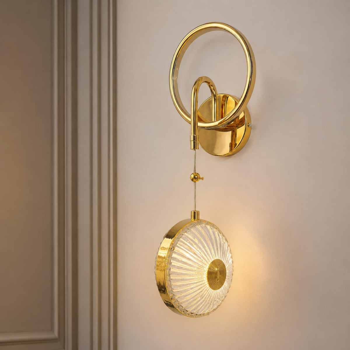 Modern Luxury Gold Circular Disc Crystal Wall Sconce | Ring Halo LED Pendant Wall Light