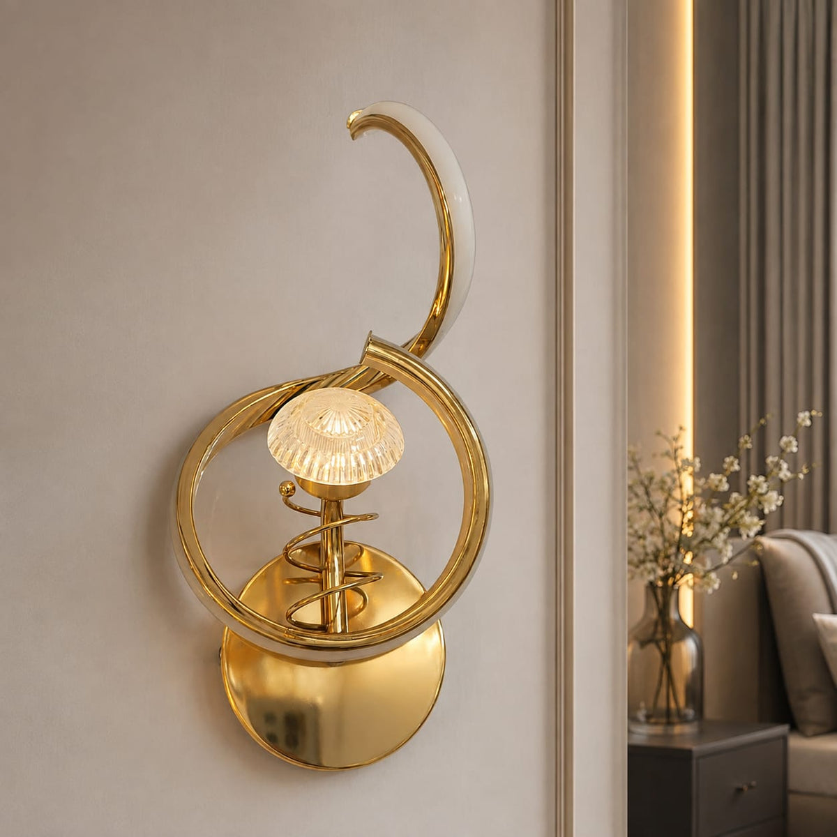 Modern Luxury Curved Spiral Gold Crystal Wall Sconce | Sculptural LED Wall Light