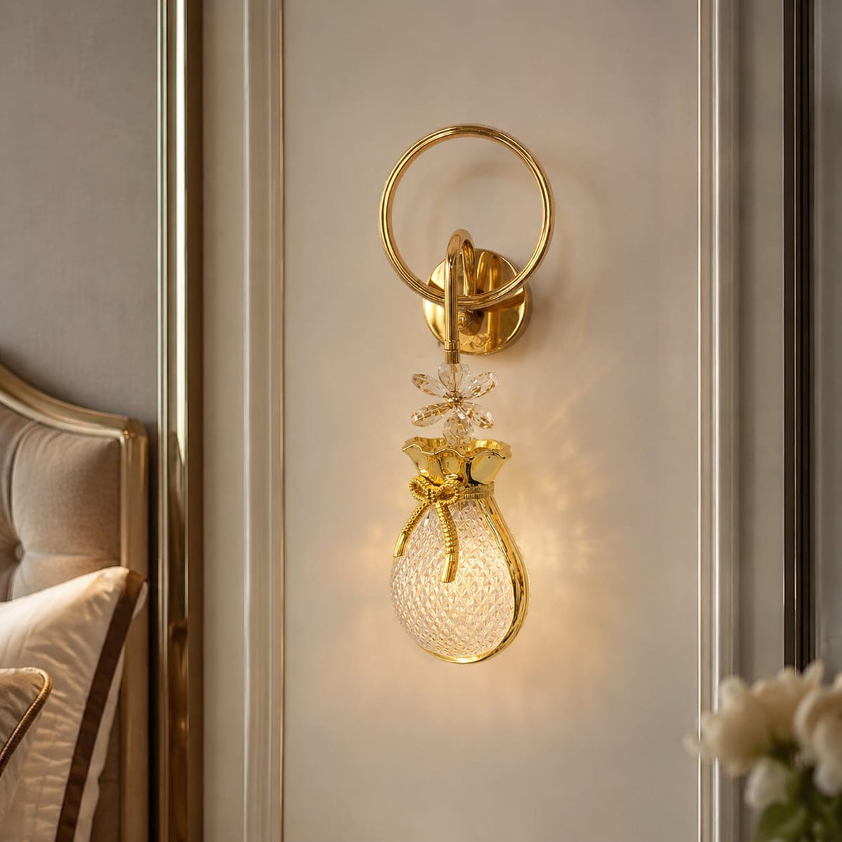 Modern Luxury Gold Pouch Crystal Wall Sconce | Decorative Bow LED Pendant Wall Light