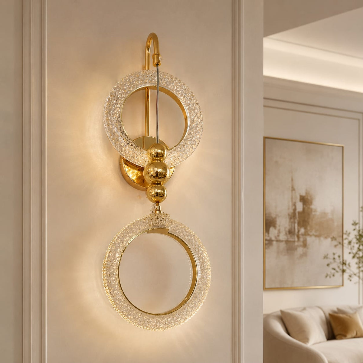 Modern Luxury Gold Crystal Double Ring Wall Sconce – Decorative LED Wall Light