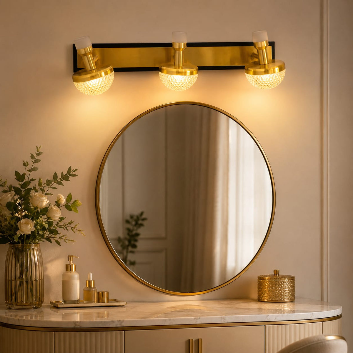 Modern Luxury Gold 3-Light Crystal Vanity Wall Sconce