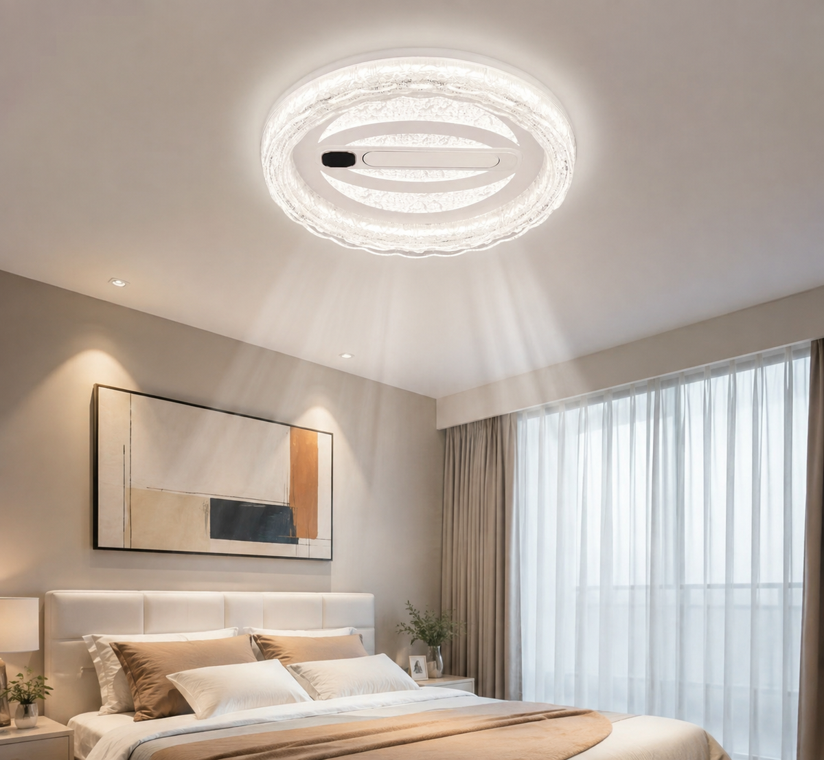 Modern Crystal Ceiling Fan with Integrated LED Light – Luxury Round Decorative Fan for Bedroom & Living Room