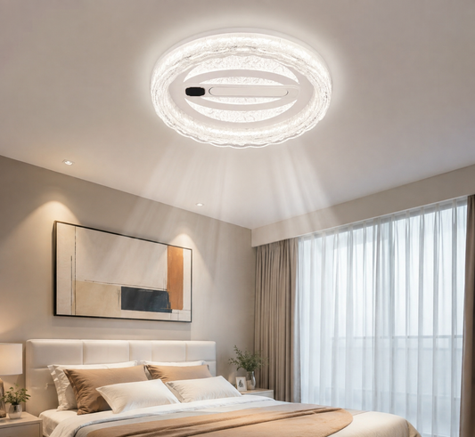 Modern Crystal Ceiling Fan with Integrated LED Light – Luxury Round Decorative Fan for Bedroom & Living Room