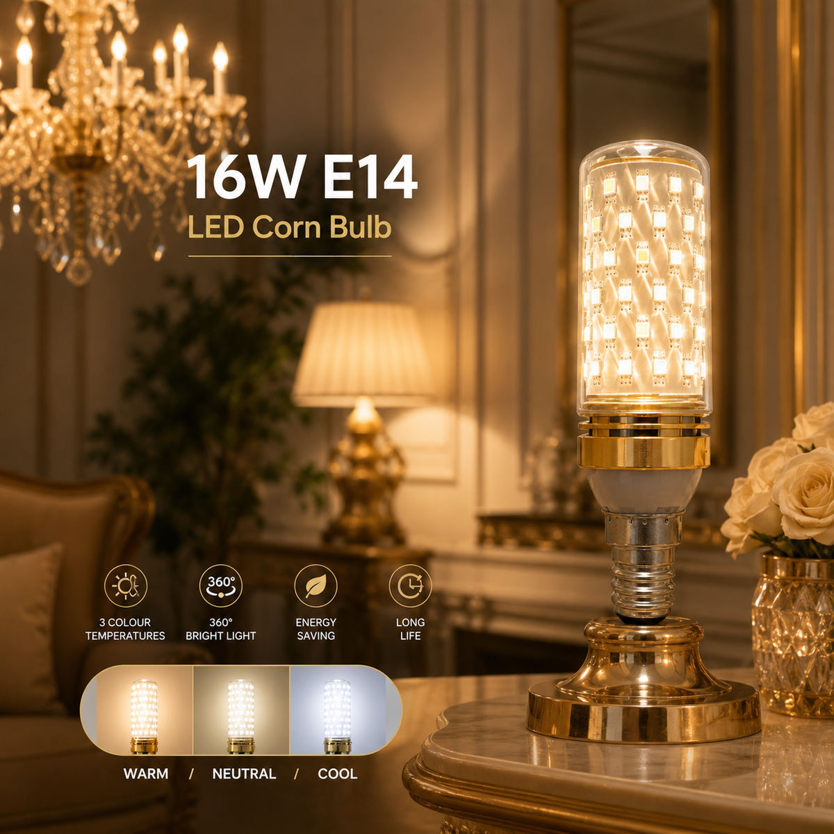 Modern 16W E14 3CCT LED Corn Bulb – Bright 360° Energy-Saving Lighting
