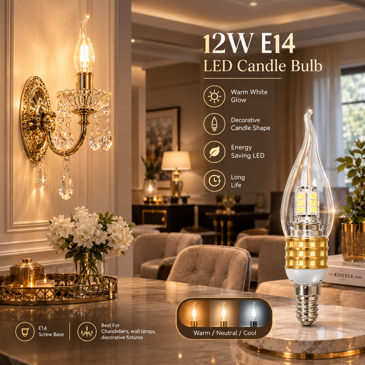 Modern 12W E14 LED Candle Bulb – Warm White