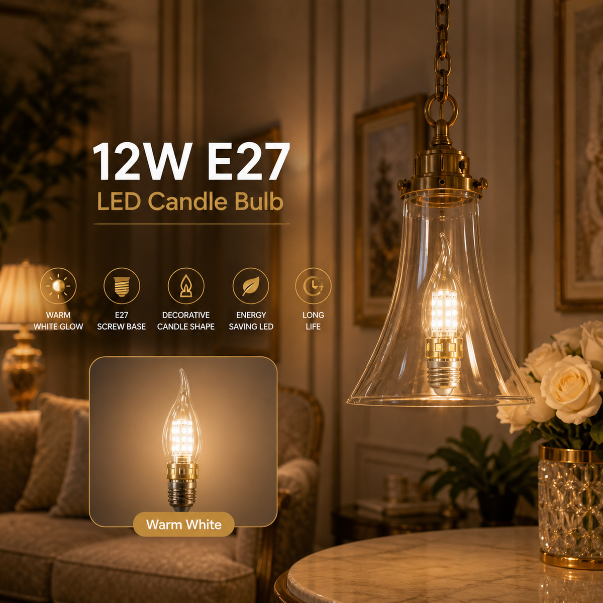 Modern 12W E27 LED Candle Bulb – Warm White