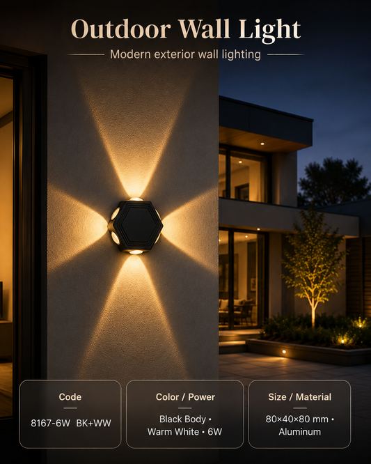Modern Black Hexagonal Outdoor Wall Light – 6W