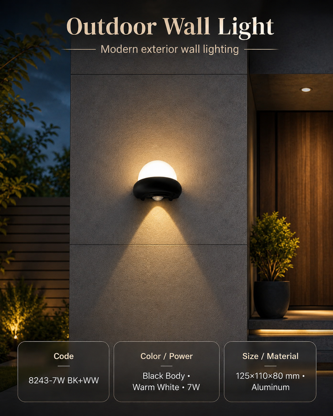 Modern Black Outdoor Wall Light – 7W