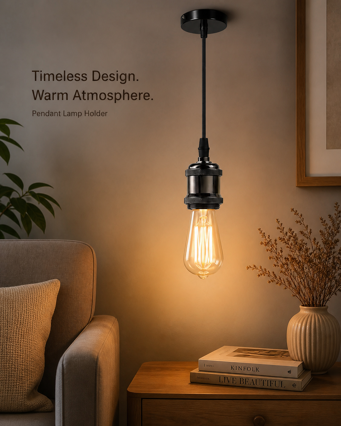 Vintage Minimalist Single Pendant Lamp Holder Set – Black Finish