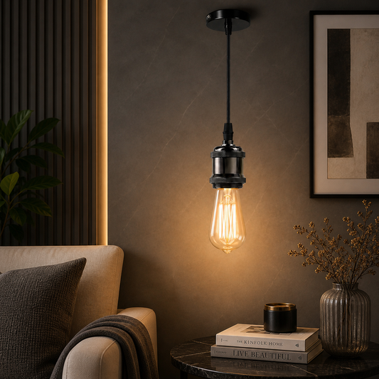 Vintage Minimalist Single Pendant Lamp Holder Set – Black Finish