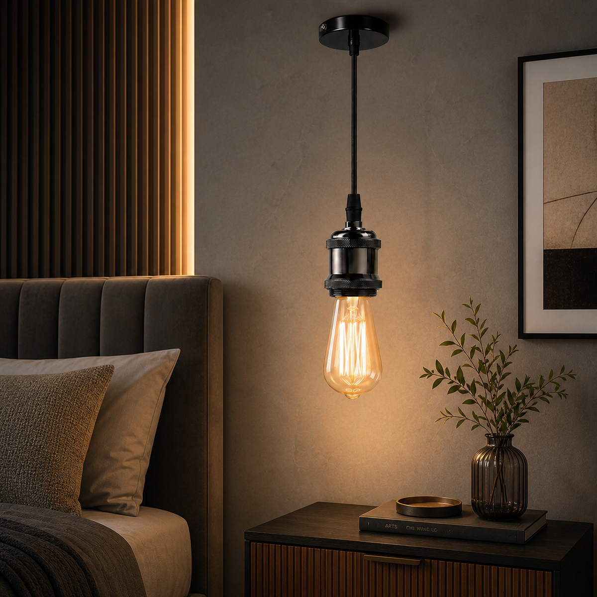Vintage Minimalist Single Pendant Lamp Holder Set – Black Finish