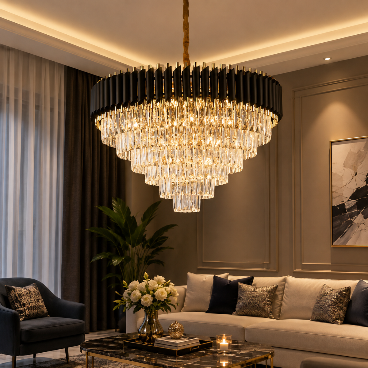 Modern Luxury Black & Gold Crystal Chandelier