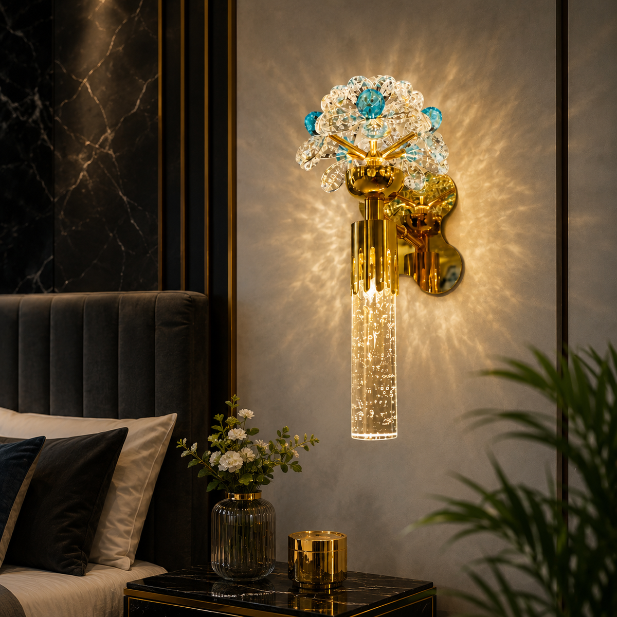 Modern Luxury Gold & Blue Crystal LED Wall Light