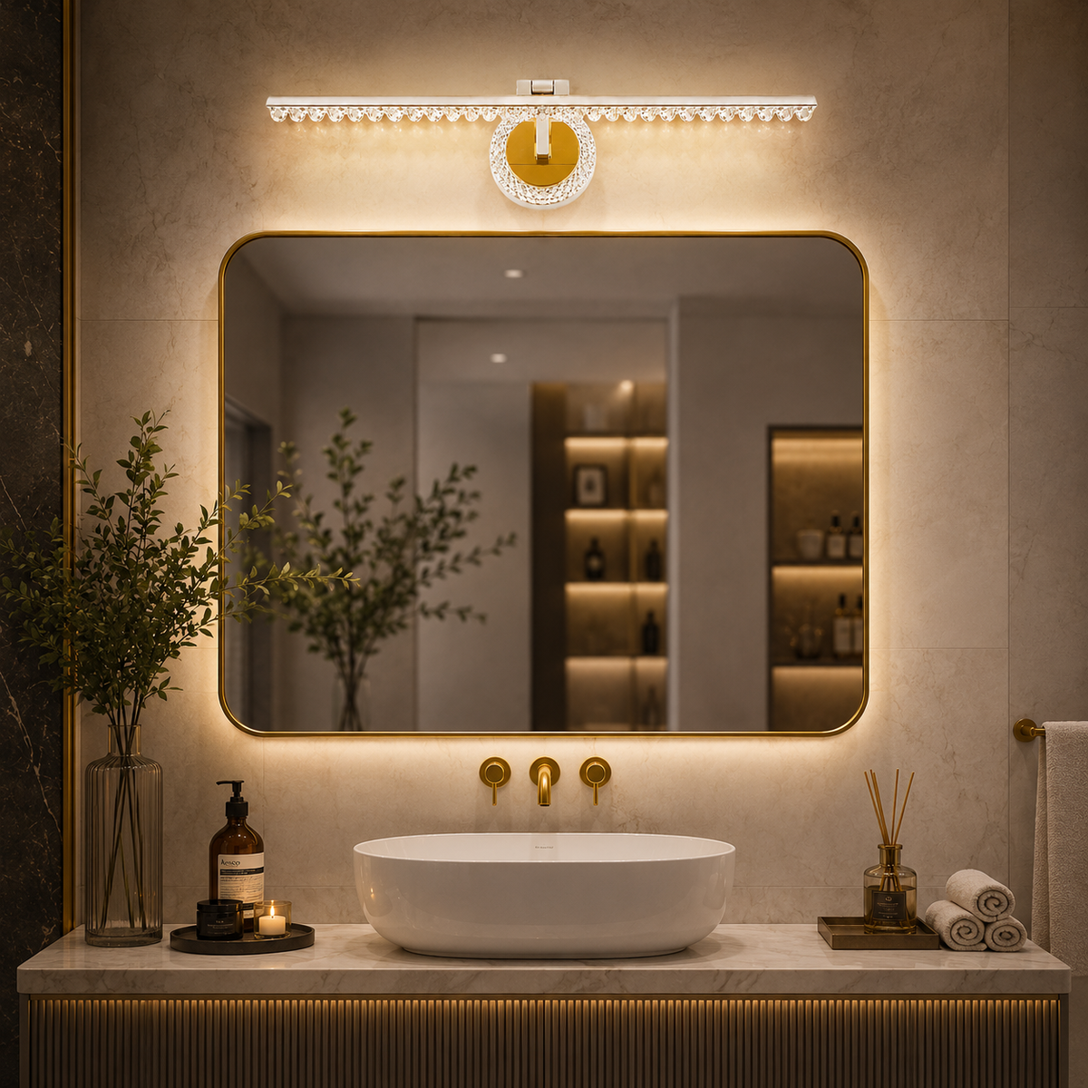Luxury Crystal LED Mirror Vanity Light – 18-Inch Modern Bathroom Wall Light