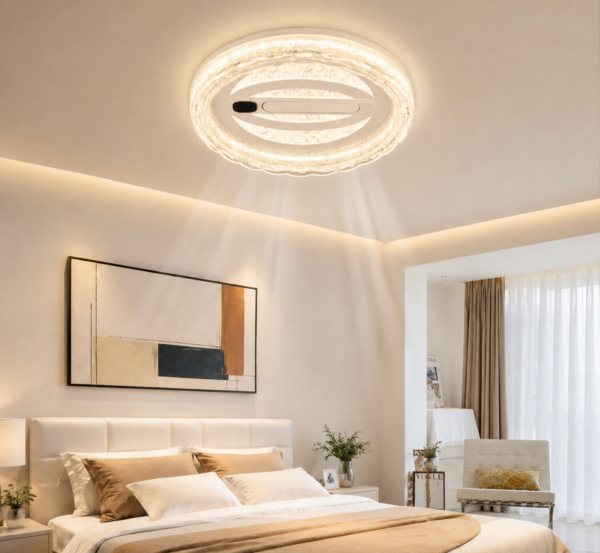Modern Crystal Ceiling Fan with Integrated LED Light – Luxury Round Decorative Fan for Bedroom & Living Room
