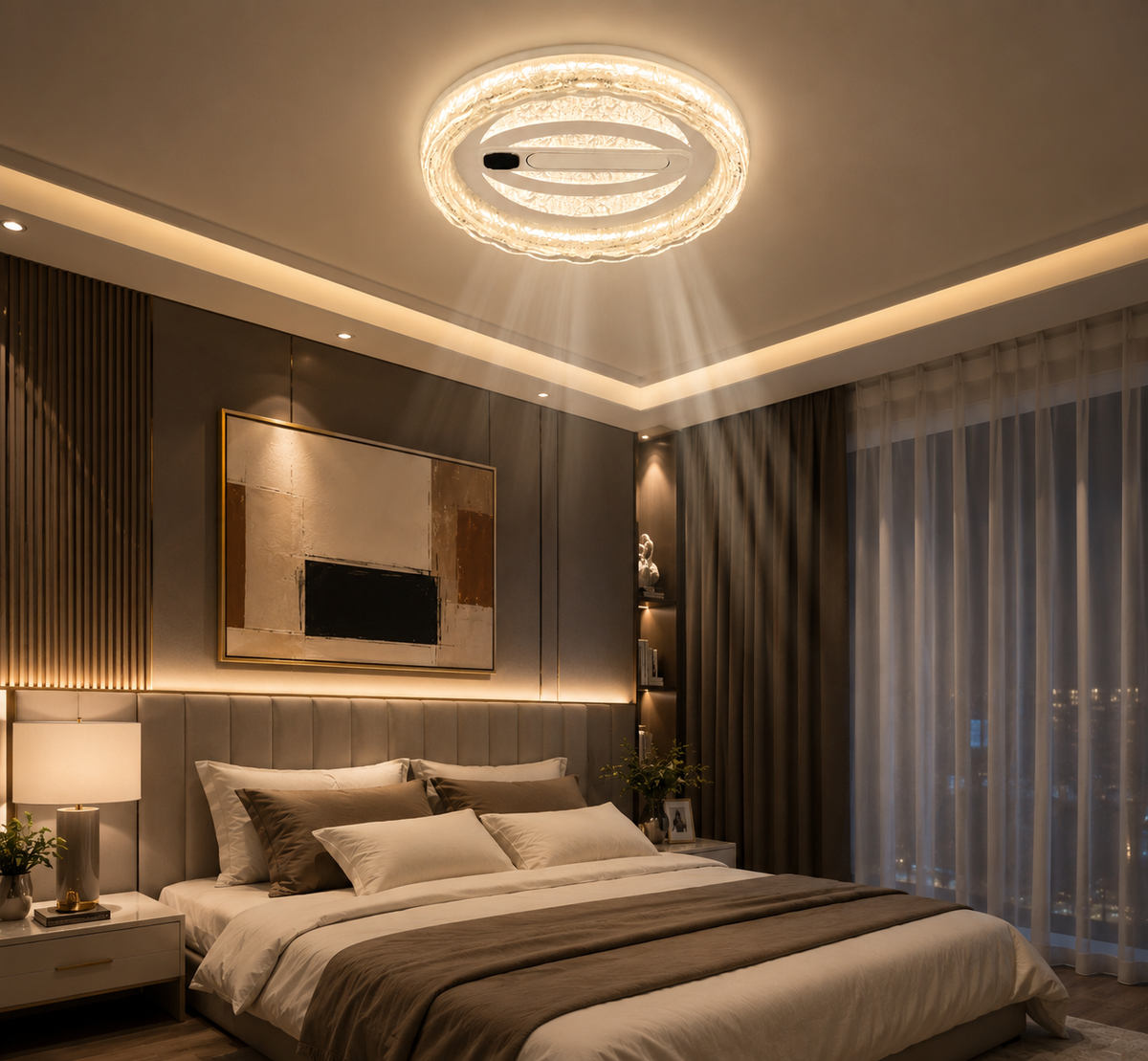 Modern Crystal Ceiling Fan with Integrated LED Light – Luxury Round Decorative Fan for Bedroom & Living Room