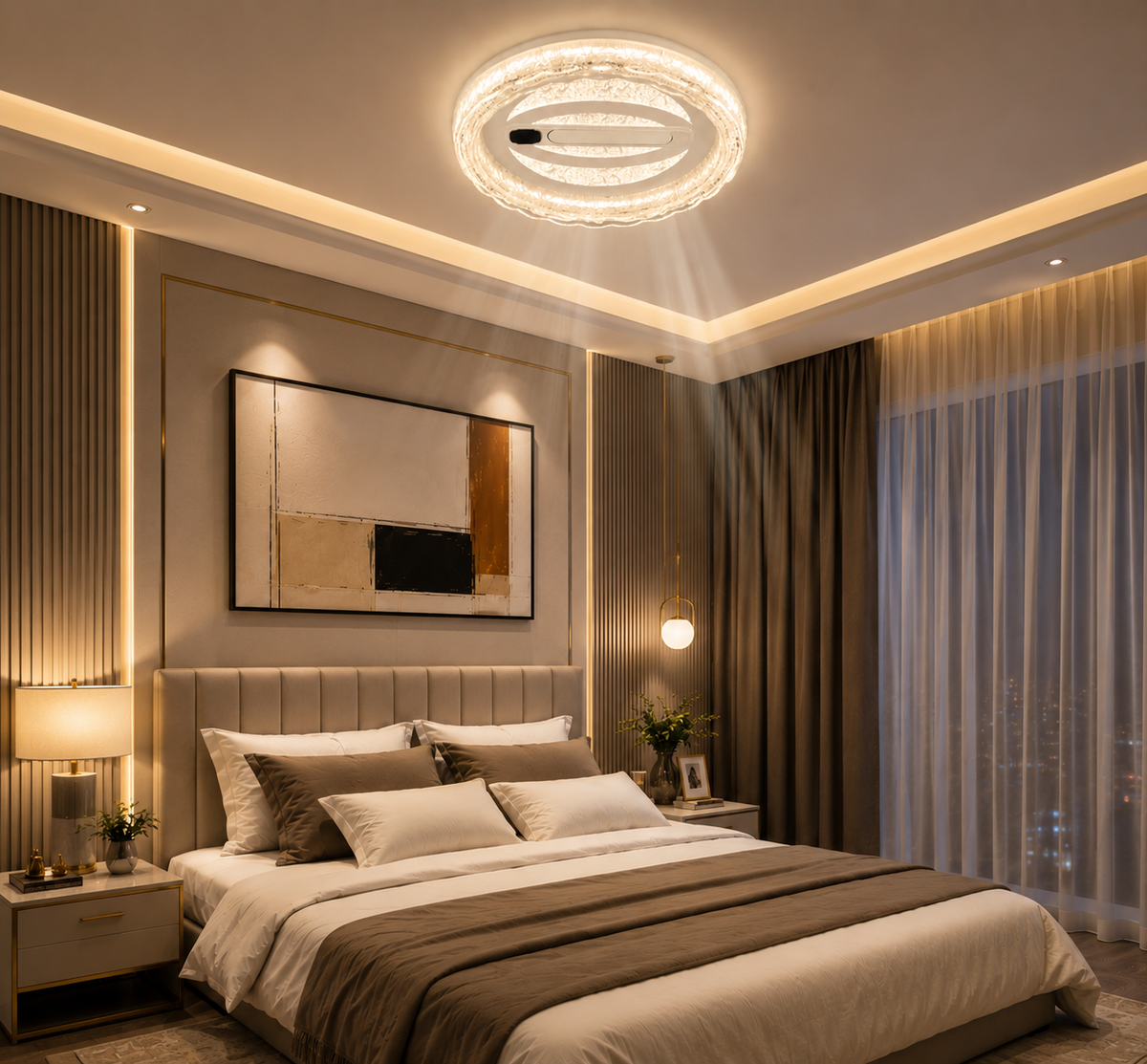 Modern Crystal Ceiling Fan with Integrated LED Light – Luxury Round Decorative Fan for Bedroom & Living Room