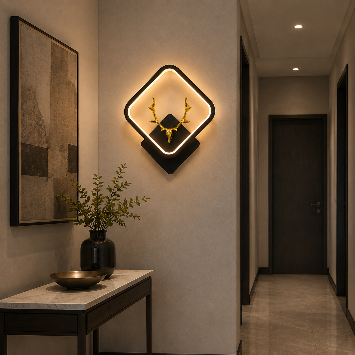 Modern Luxury Golden Deer Antler LED Wall Sconce | Square Geometric Black Wall Light