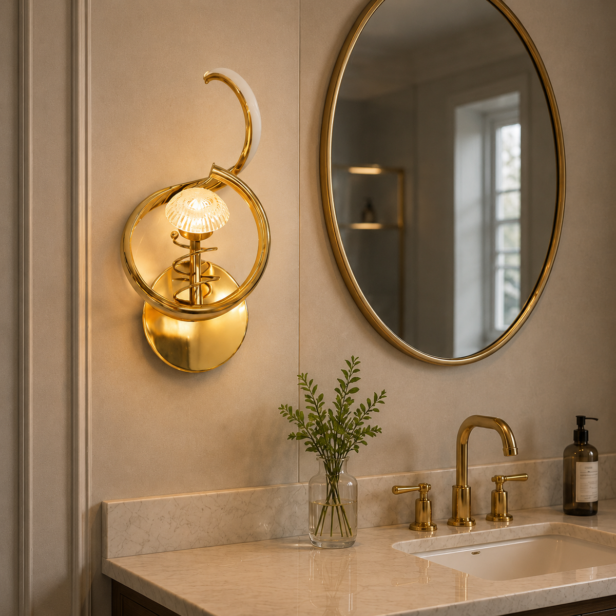 Modern Luxury Curved Spiral Gold Crystal Wall Sconce | Sculptural LED Wall Light