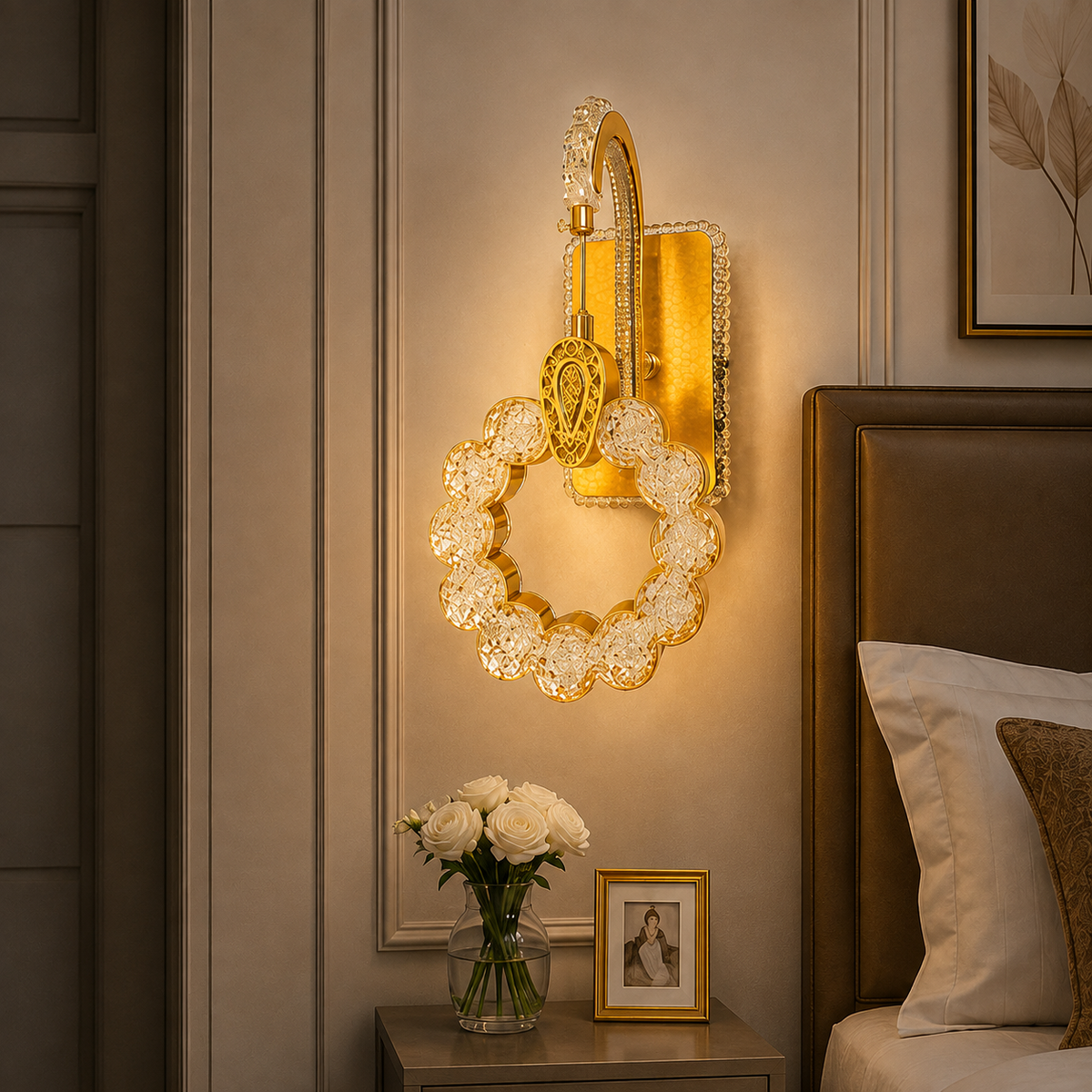 Modern Luxury Gold Ring Crystal Wall Sconce | Decorative Wreath LED Pendant Wall Light