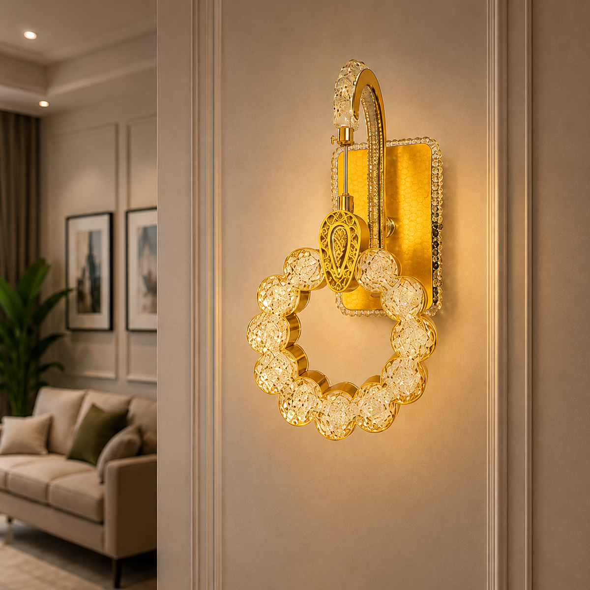 Modern Luxury Gold Ring Crystal Wall Sconce | Decorative Wreath LED Pendant Wall Light
