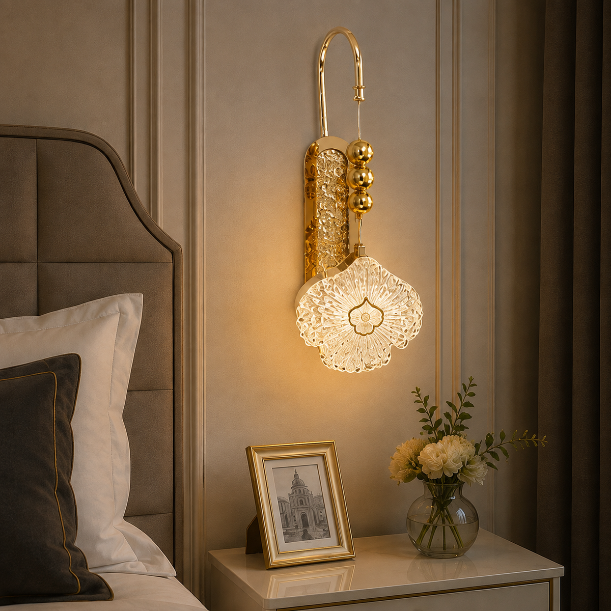 Modern Luxury Gold Floral Crystal Wall Sconce | Decorative Beaded LED Pendant Wall Light