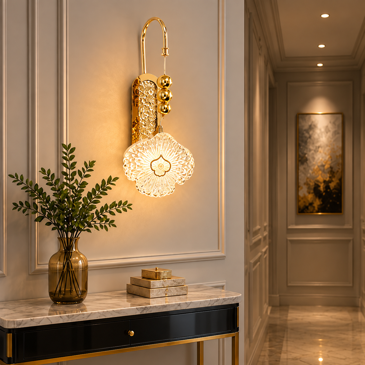 Modern Luxury Gold Floral Crystal Wall Sconce | Decorative Beaded LED Pendant Wall Light