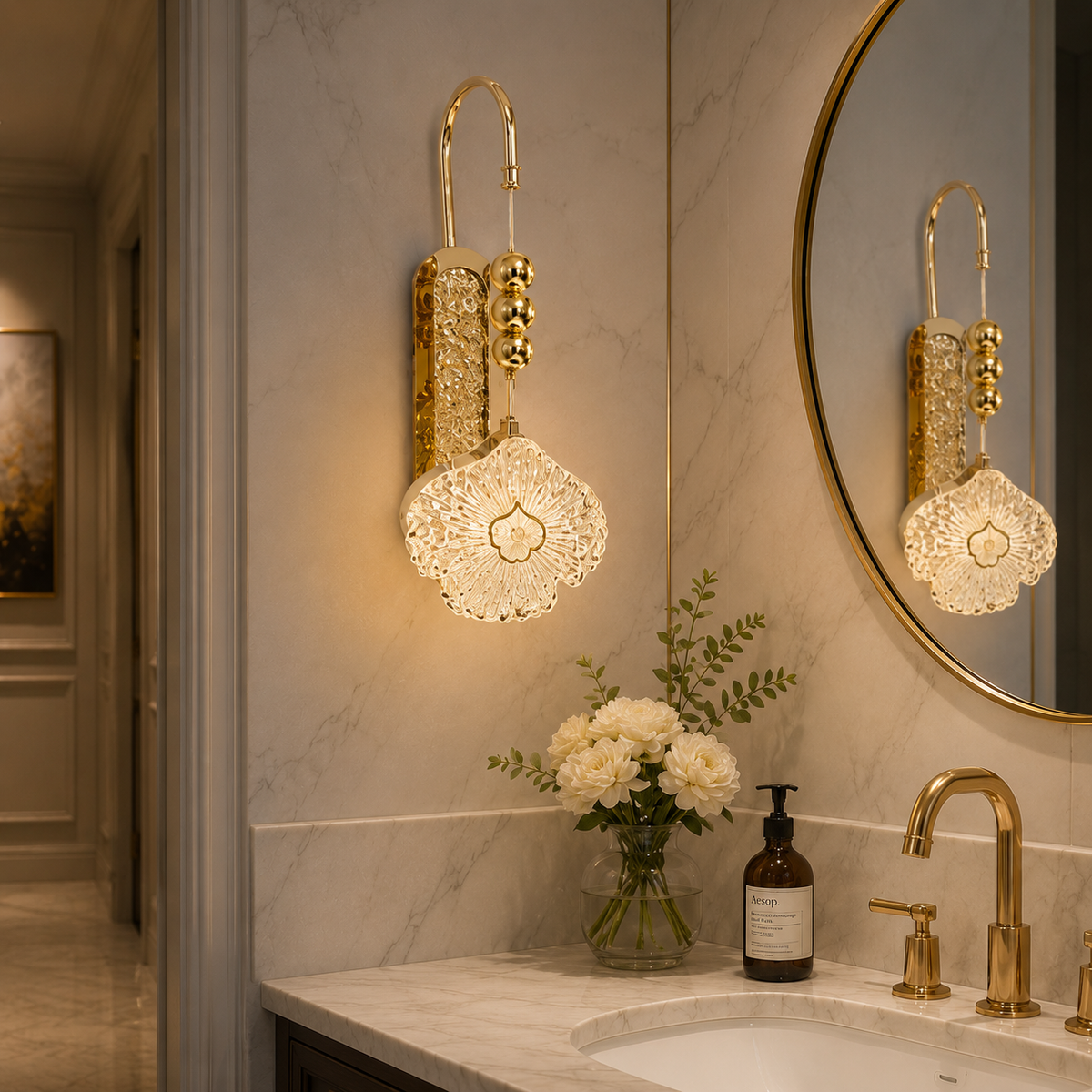 Modern Luxury Gold Floral Crystal Wall Sconce | Decorative Beaded LED Pendant Wall Light