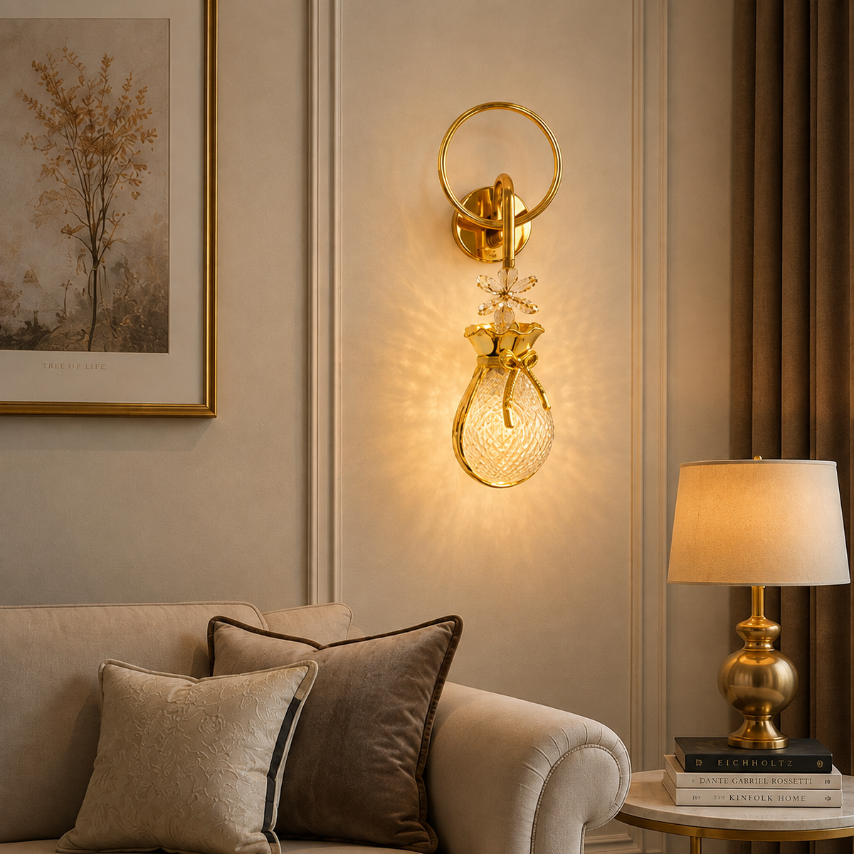 Modern Luxury Gold Pouch Crystal Wall Sconce | Decorative Bow LED Pendant Wall Light