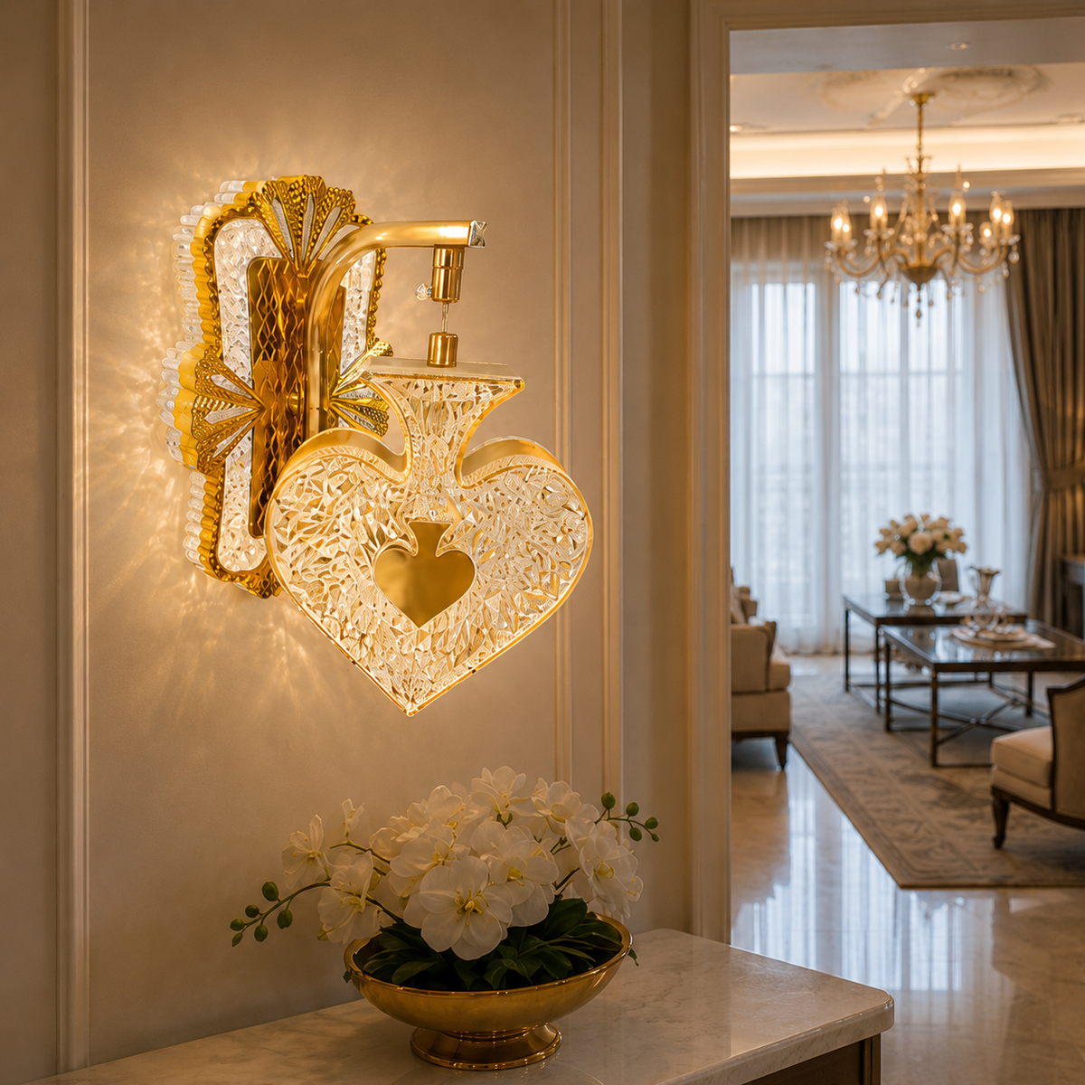 Modern Luxury Ace of Spades Gold Crystal Wall Sconce | Decorative LED Hanging Accent Light