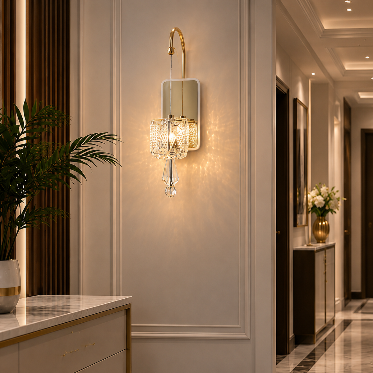 Luxury Gold & Faceted Crystal Hanging Wall Light