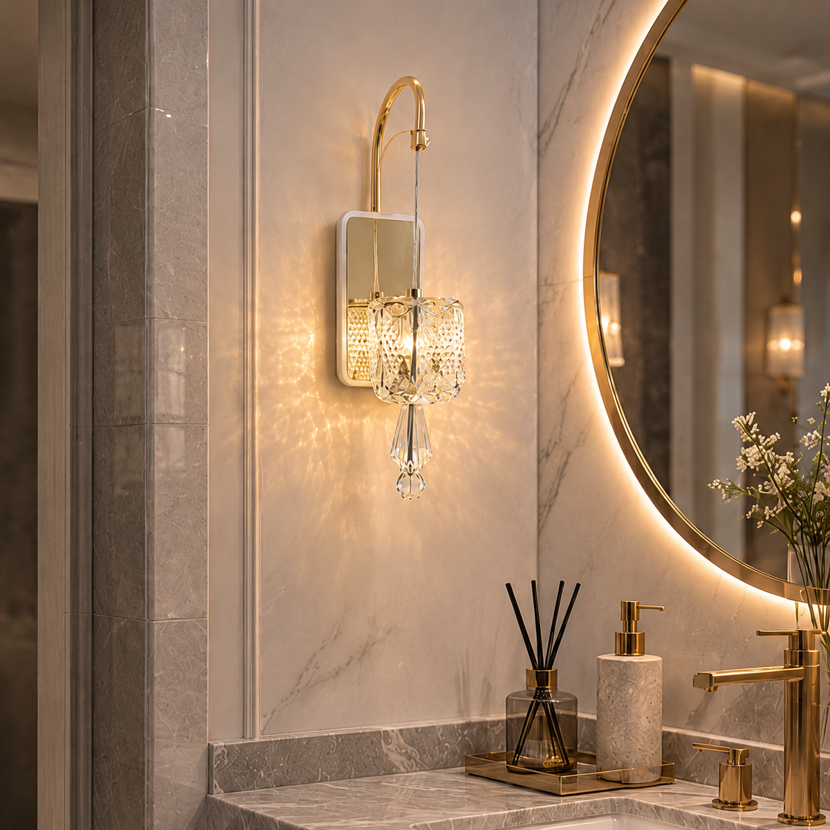Luxury Gold & Faceted Crystal Hanging Wall Light