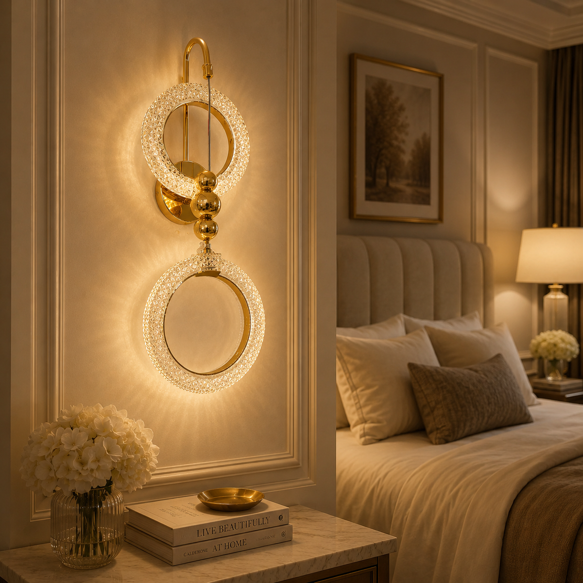 Modern Luxury Gold Crystal Double Ring Wall Sconce – Decorative LED Wall Light