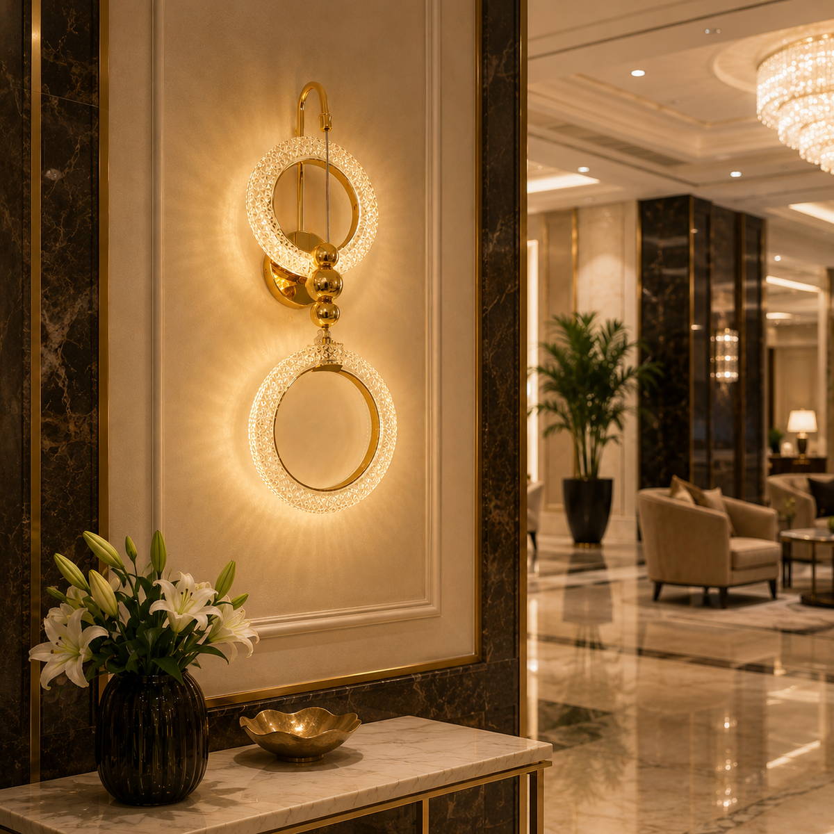 Modern Luxury Gold Crystal Double Ring Wall Sconce – Decorative LED Wall Light