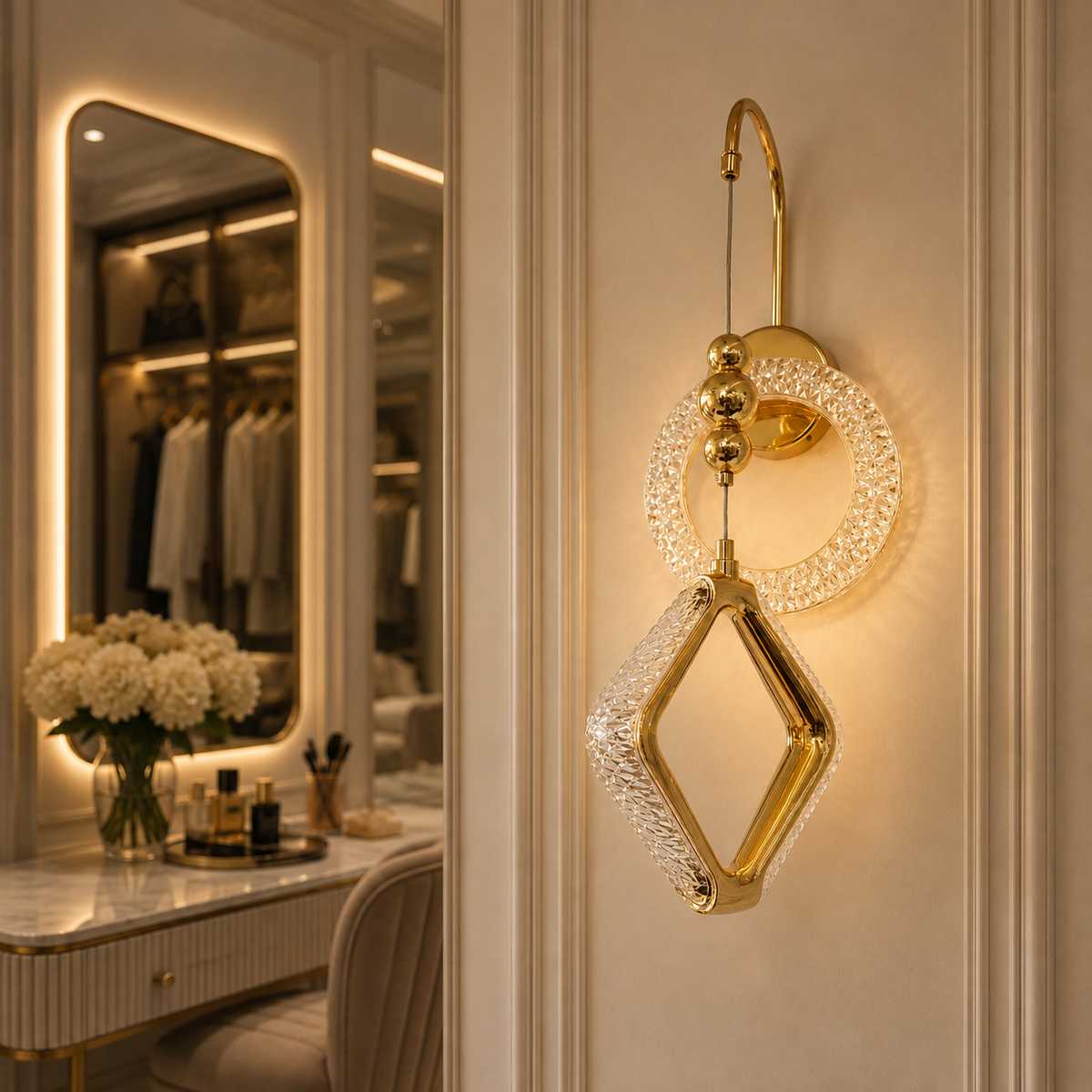 Modern Luxury Gold Crystal Ring & Diamond Wall Sconce