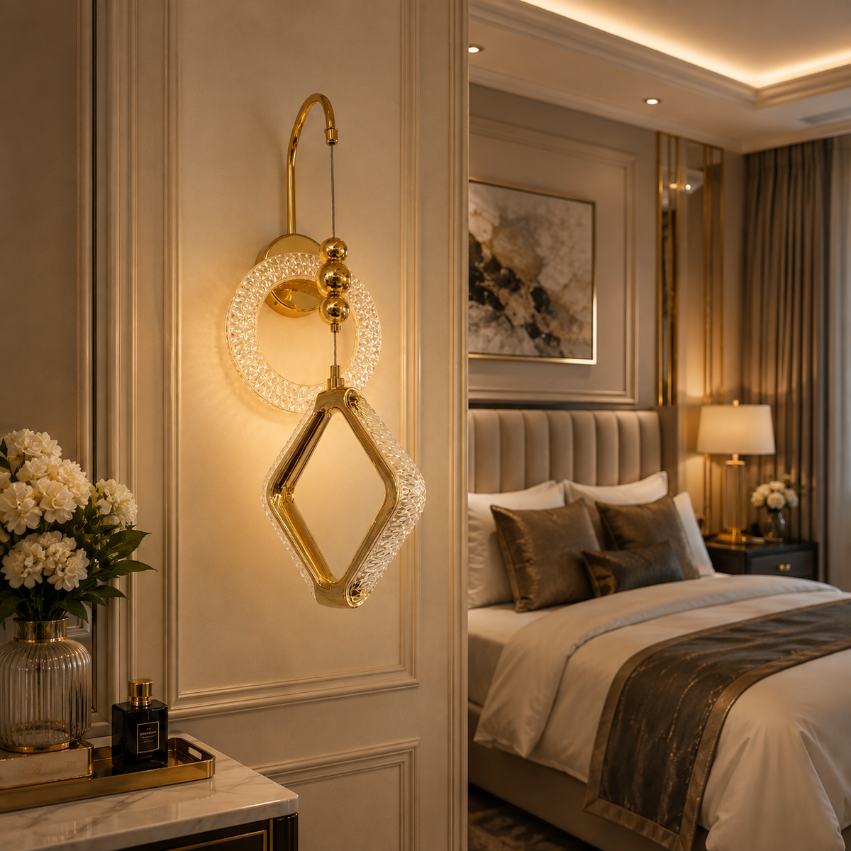 Modern Luxury Gold Crystal Ring & Diamond Wall Sconce