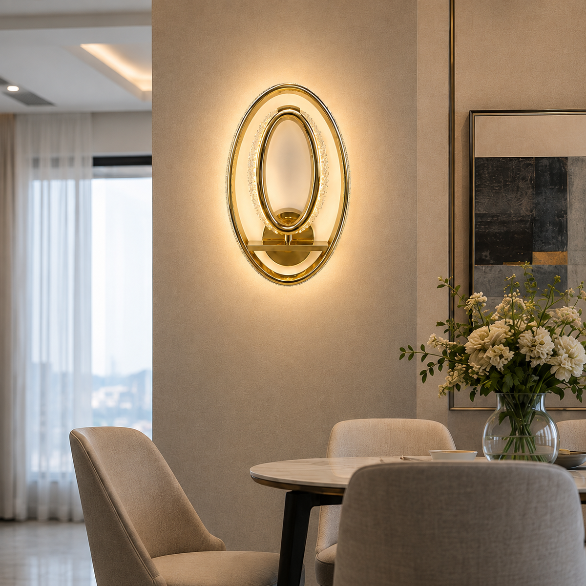 Modern Luxury Gold Dual Oval Crystal LED Wall Sconce | Interlocking Halo Ambient Light