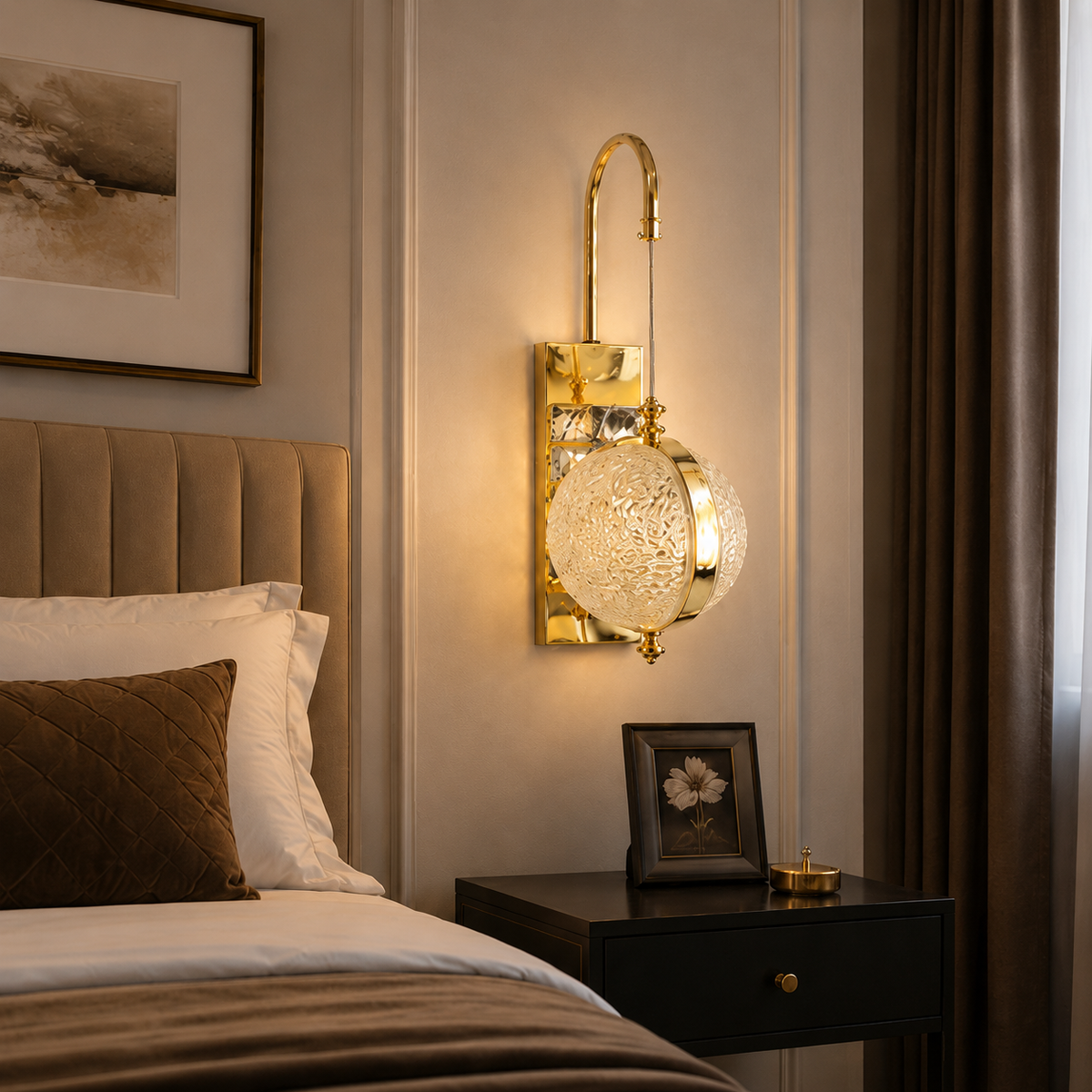 Modern Luxury Spherical Gold Band Crystal Hanging Wall Sconce | Designer LED Pendant Light