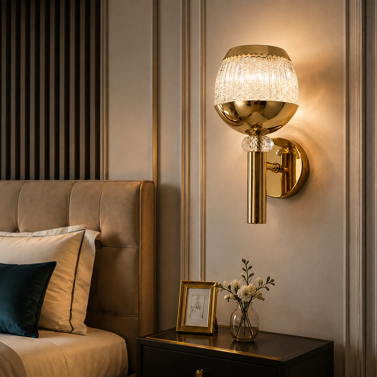 Modern Luxury Gold Goblet Crystal Wall Sconce | Textured Glass LED Wall Light