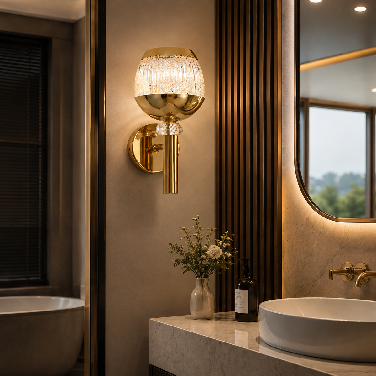 Modern Luxury Gold Goblet Crystal Wall Sconce | Textured Glass LED Wall Light