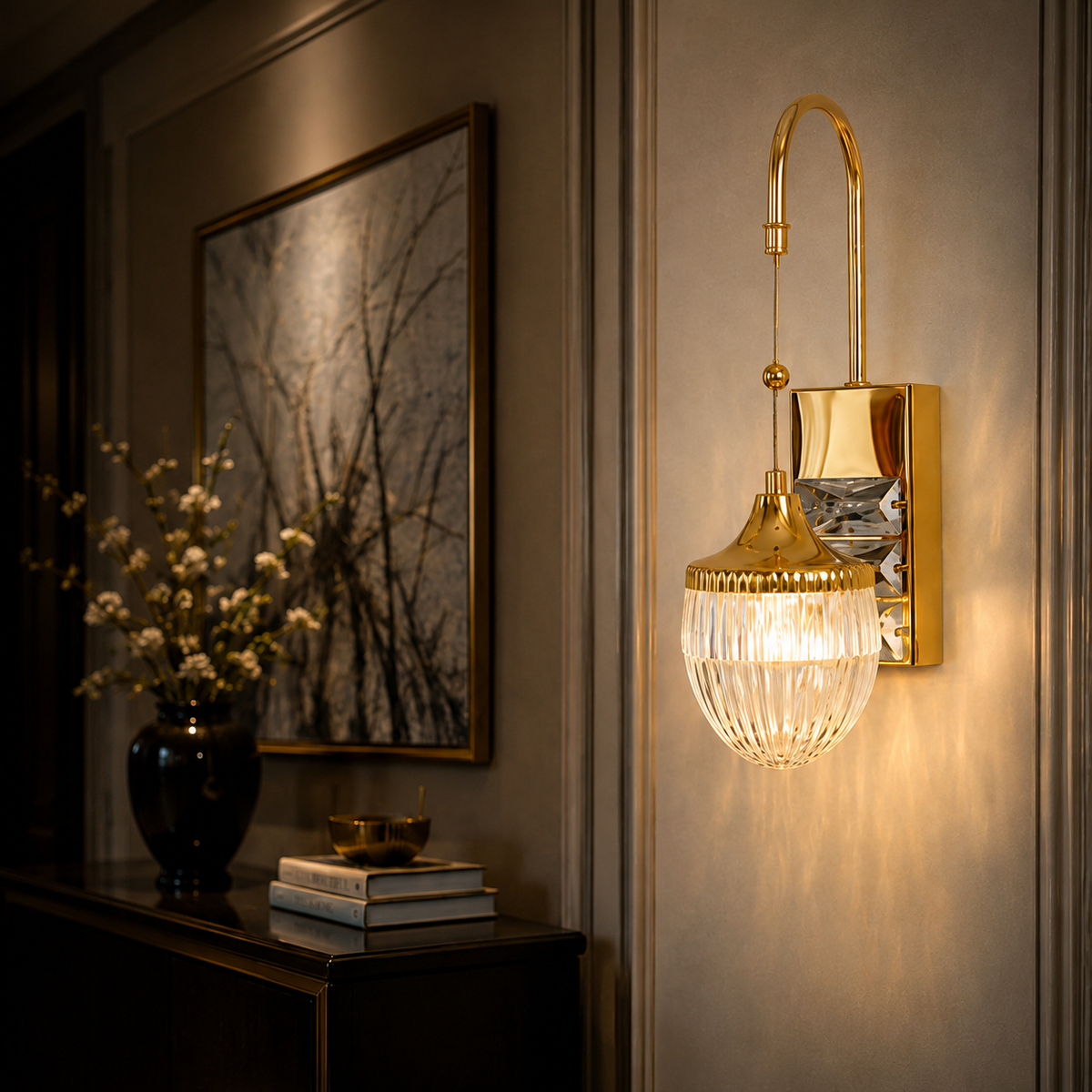 Modern Luxury Gold Fluted Teardrop Crystal Hanging Wall Sconce | Designer LED Pendant Wall Light