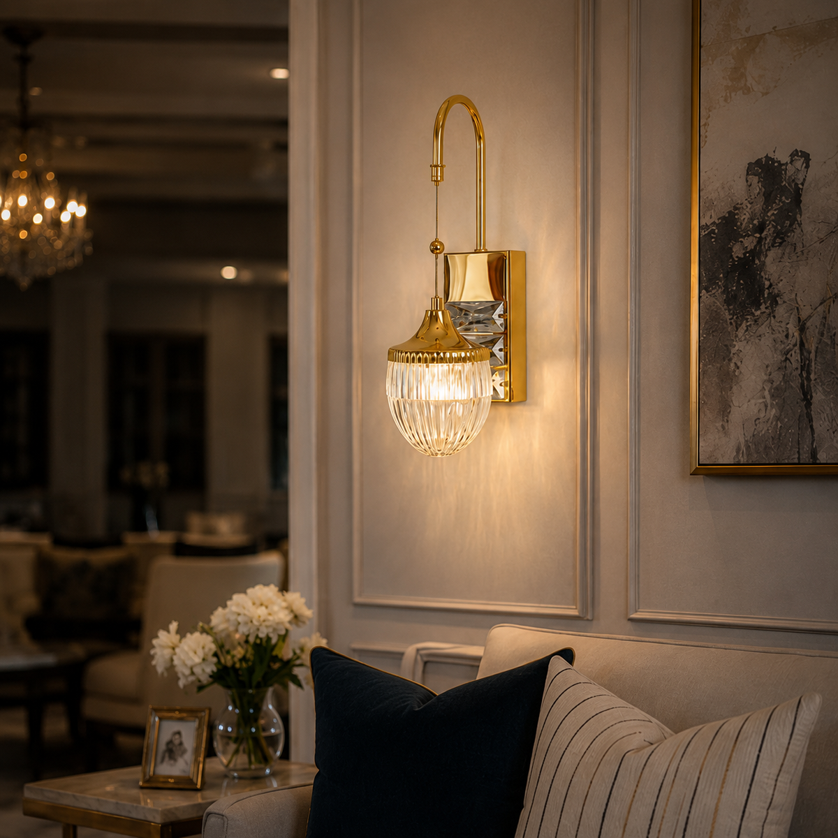 Modern Luxury Gold Fluted Teardrop Crystal Hanging Wall Sconce | Designer LED Pendant Wall Light